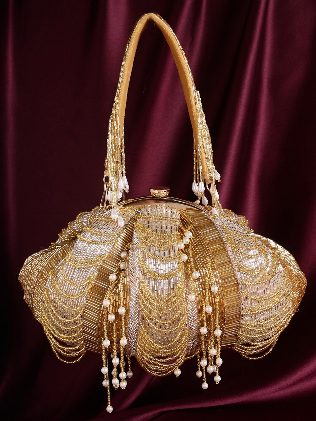 

Swisni Gold-Toned & White Embellished Purse Clutch