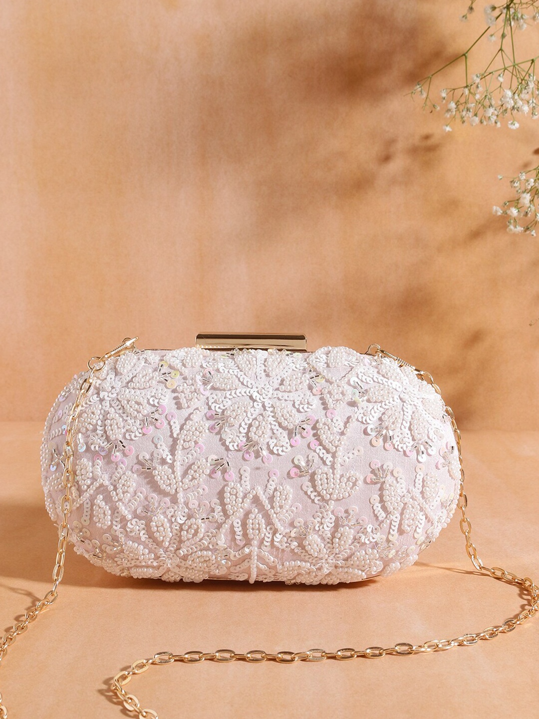 

Swisni Pink & White Embellished Embellished Box Clutch