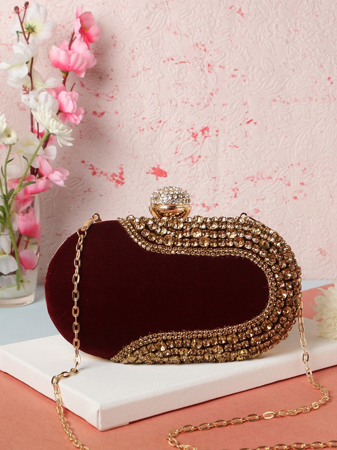 

Swisni Maroon & Gold-Toned Embroidered Box Clutch