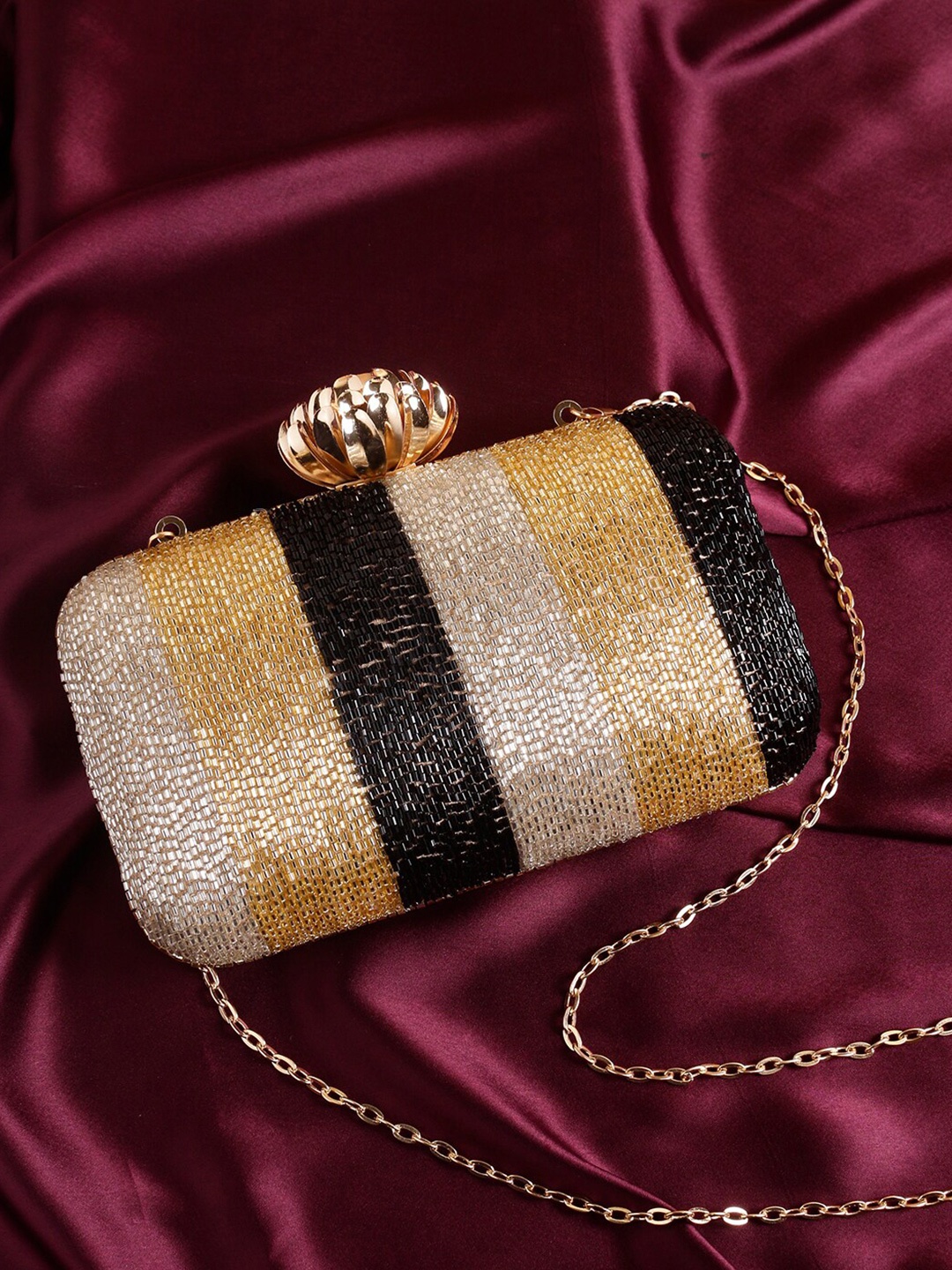 

Swisni Gold-Toned & Black Embellished Box Clutch