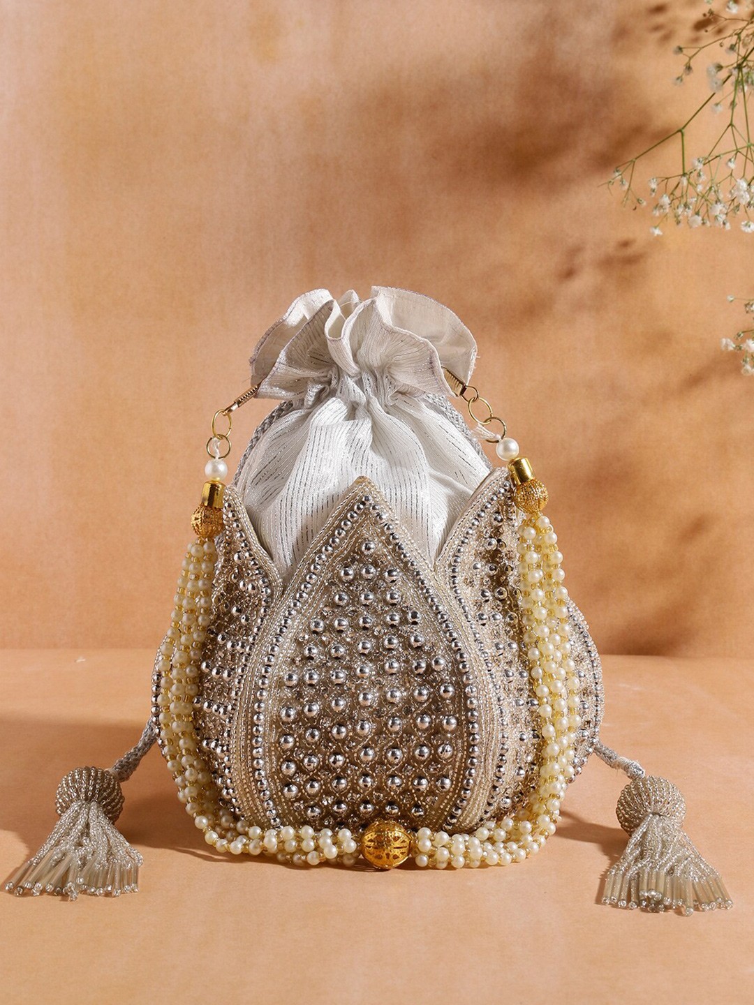 

Swisni Silver-Toned & Off White Embellished Embellished Potli Clutch
