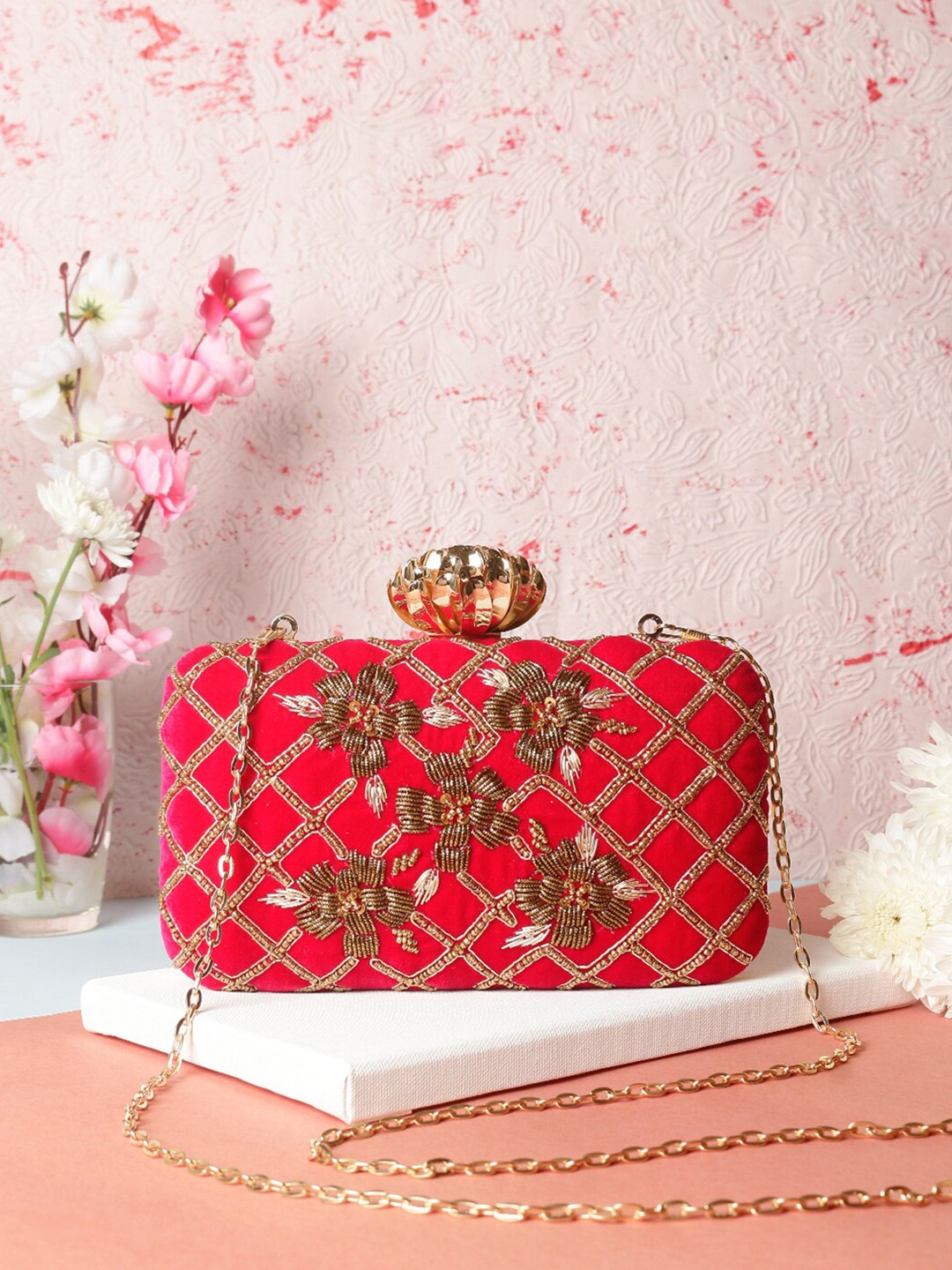 

Swisni Pink & Copper-Toned Embroidered Purse Clutch