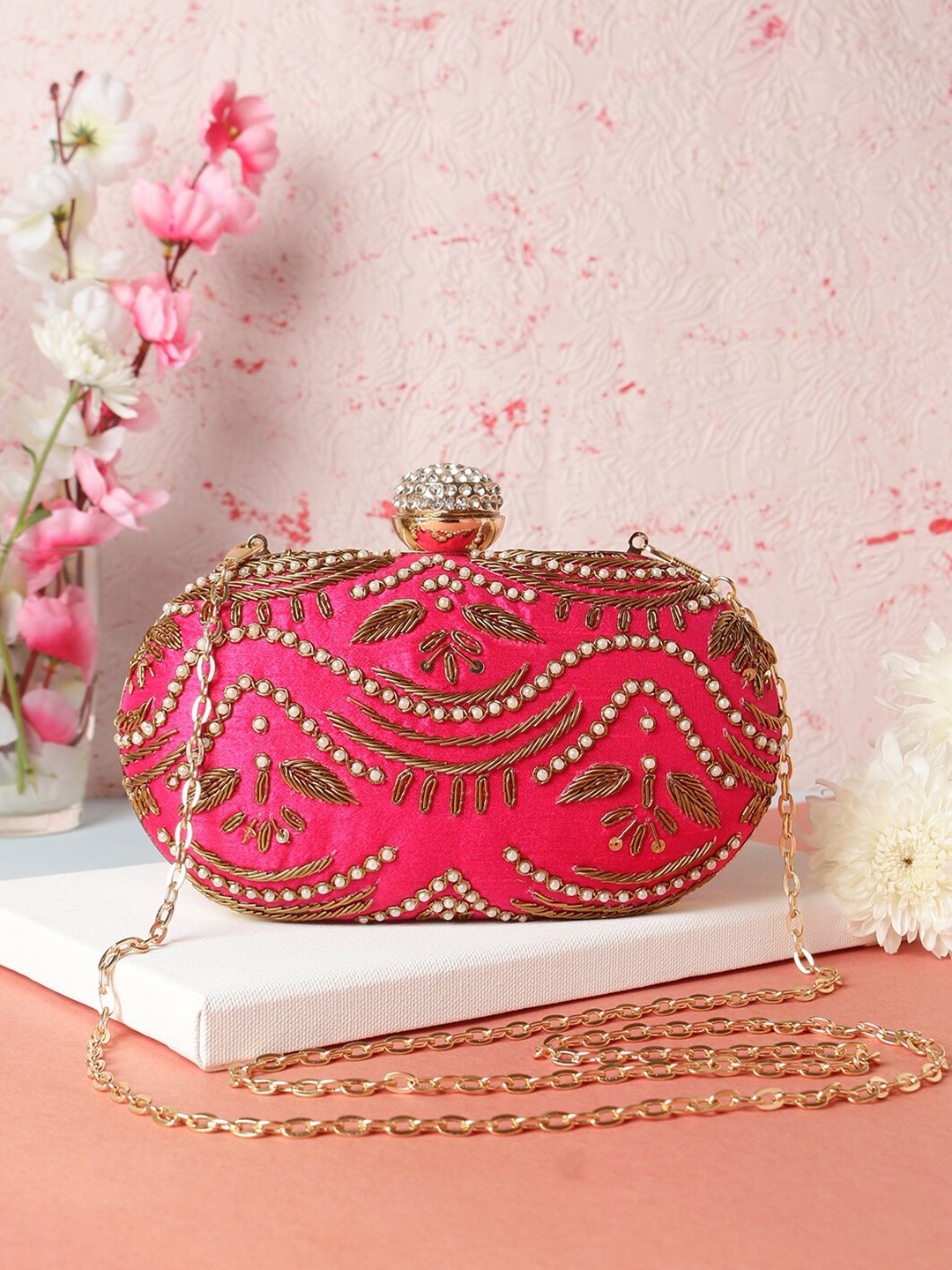 

Swisni Pink & Gold-Toned Embroidered Purse Clutch