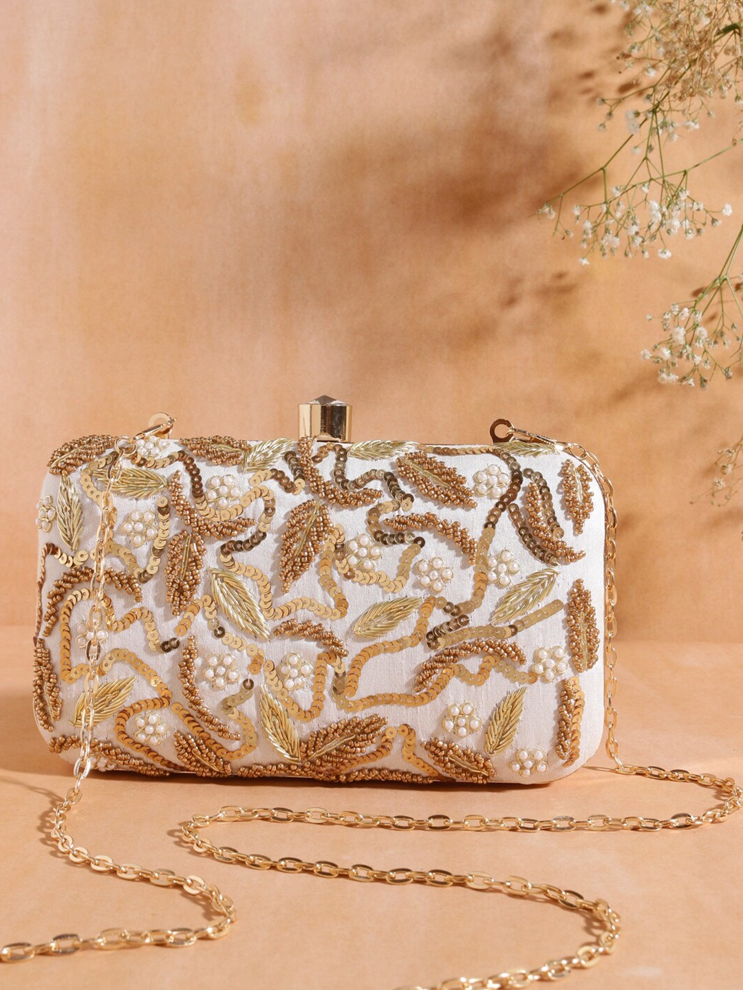 

Swisni White & Gold-Toned Embroidered Purse Clutch