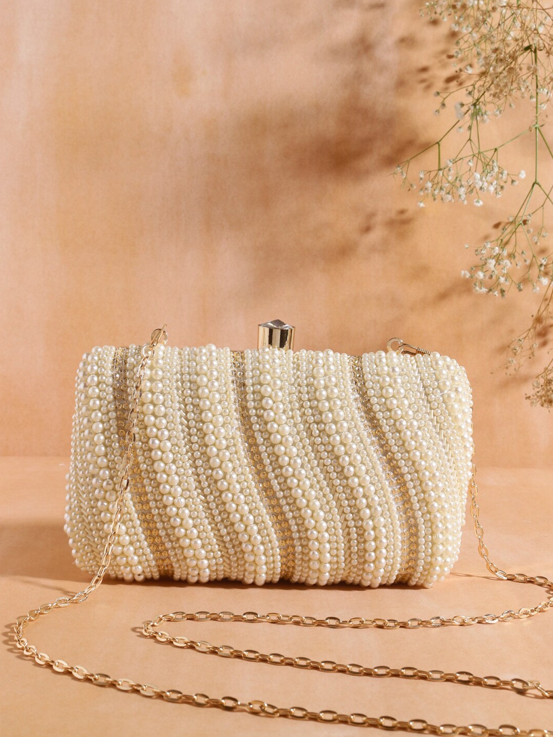 

Swisni White & Gold-Toned Embellished Purse Clutch