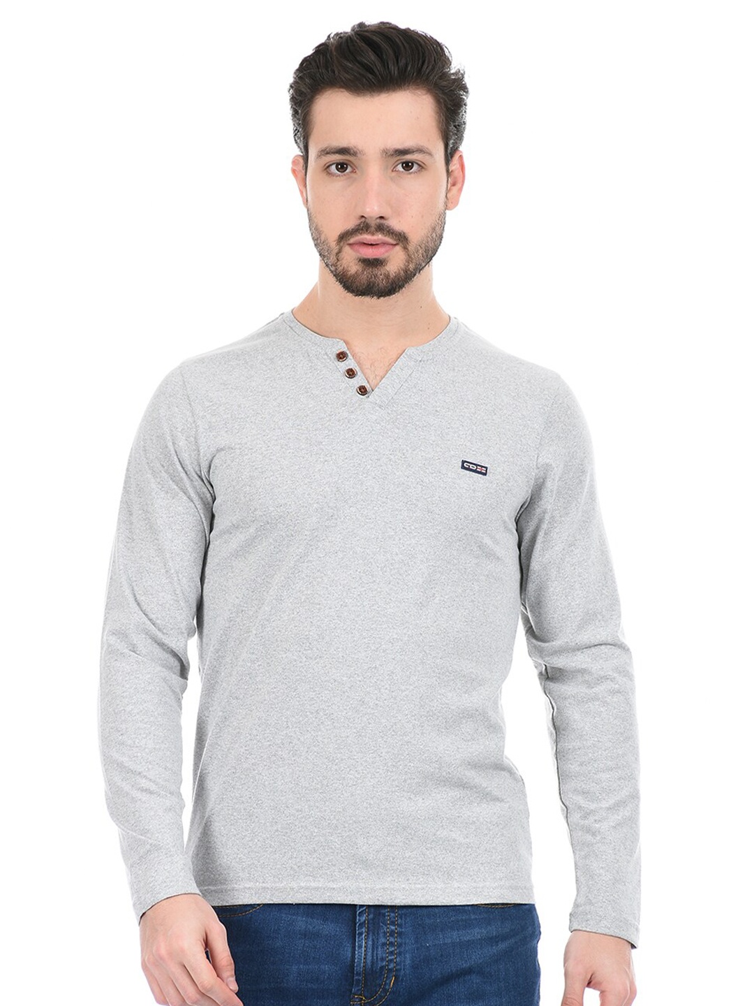 

Cloak & Decker by Monte Carlo Men Grey Henley Neck Cotton T-shirt