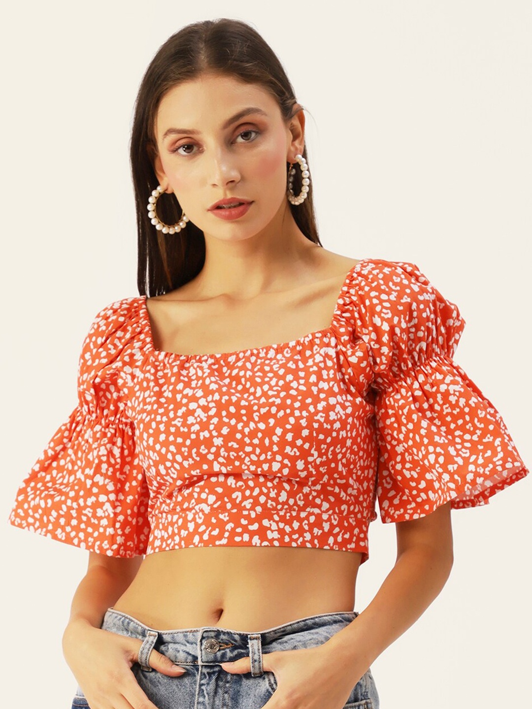 

DressBerry Women White & Orange Printed Square Neck Crop Top