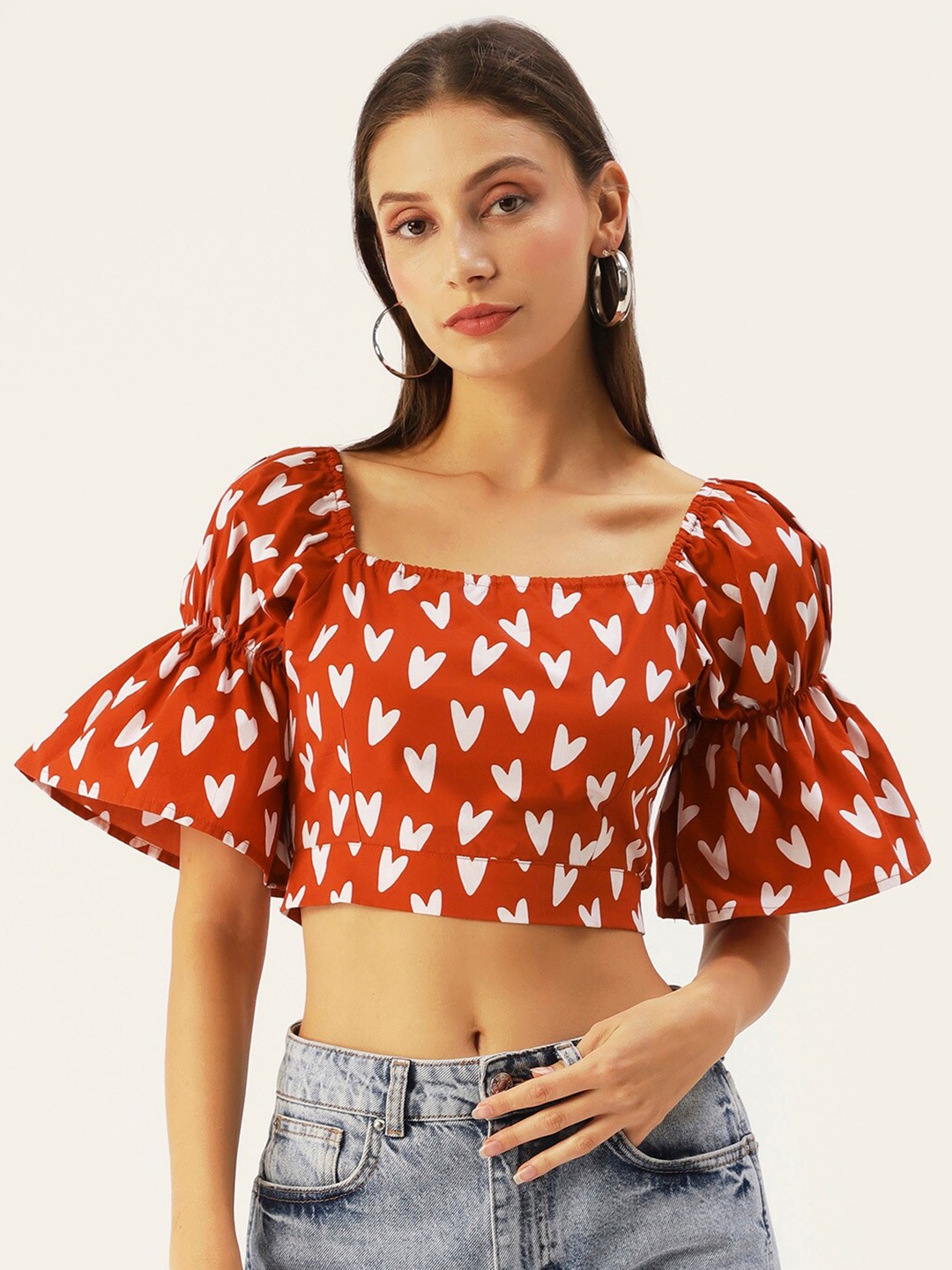 

DressBerry Rust Geometric Print Styled Back Crop Top