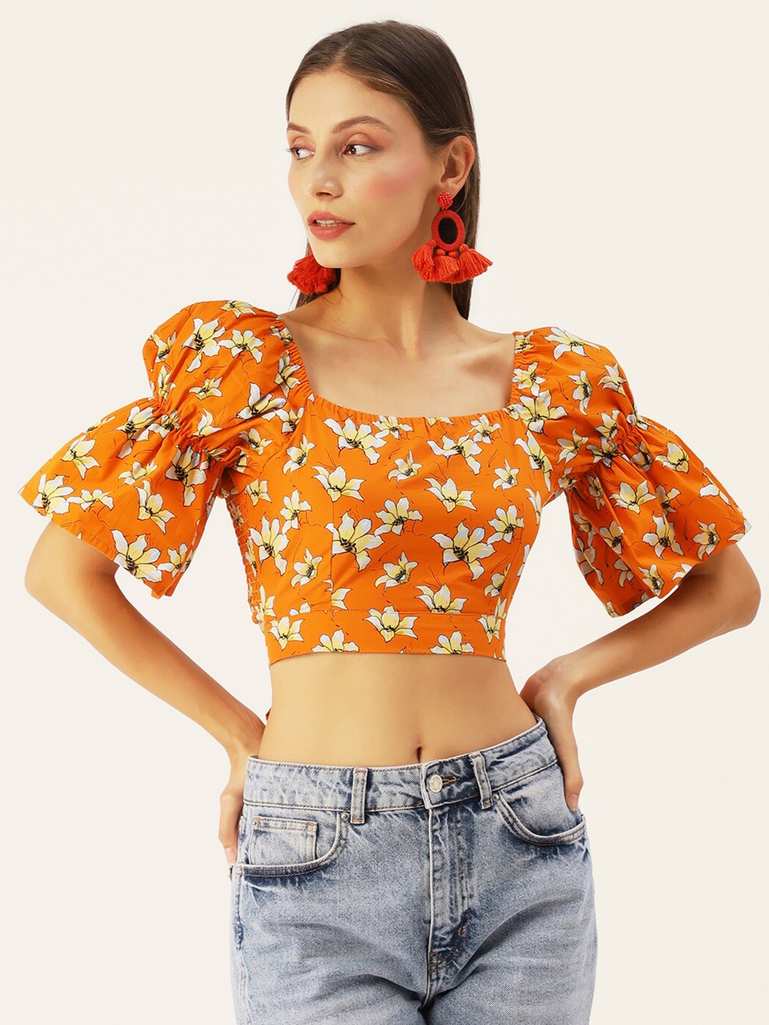 

DressBerry Orange Floral Print Crop Top