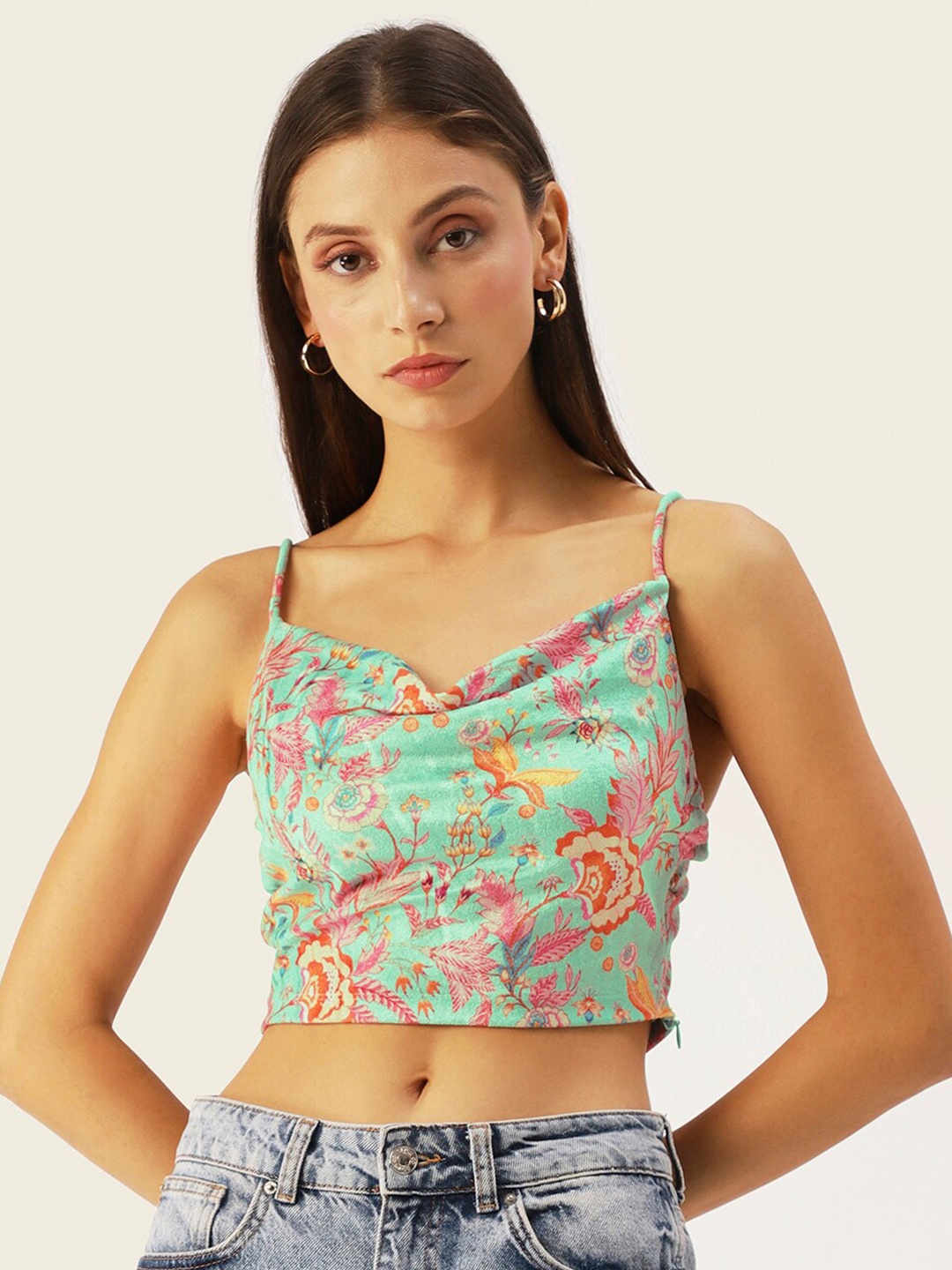 

DressBerry Sea Green & Pink Floral Printed Velvet Crop Top