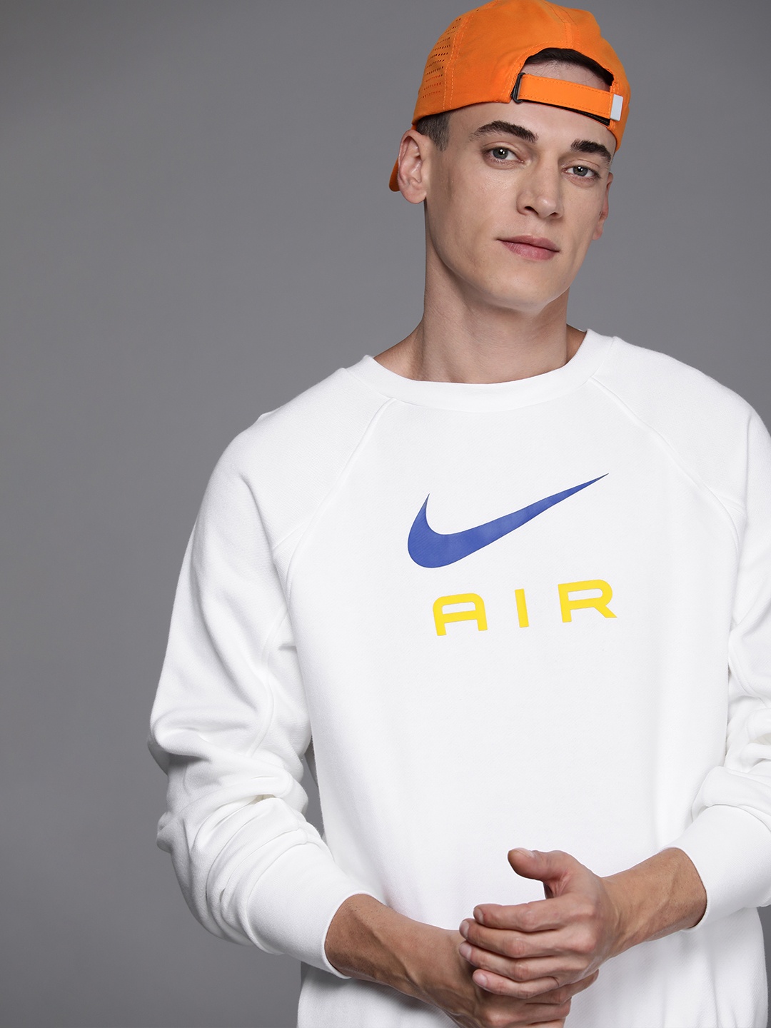 

Nike Sportswear Air Men's White Typography Printed French Terry Crew Applique T-shirt