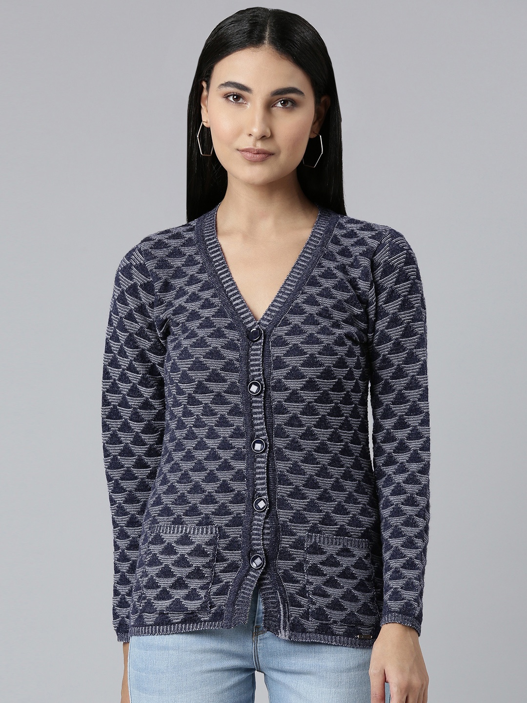 

Kosha Women Printed Pure Merino Wool Cardigan, Navy blue
