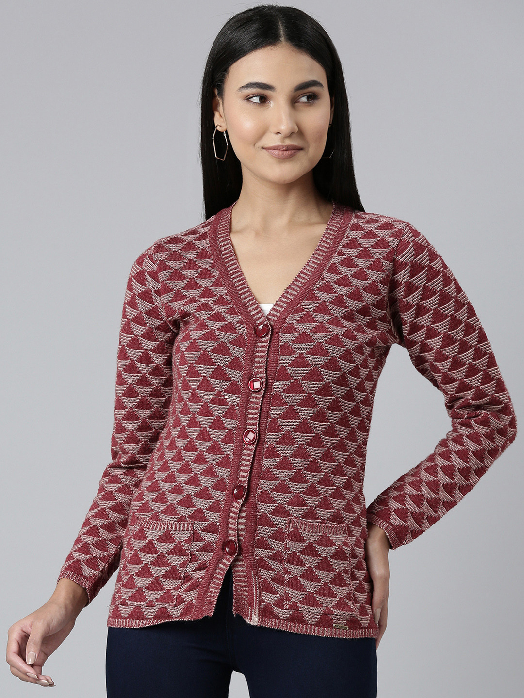 

Kosha Women Maroon & Cream-Coloured Printed Pure Merino Wool Cardigan