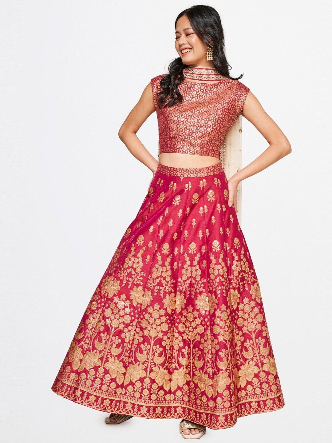 

Global Desi Floral Brocade Ready to Wear Lehenga & Blouse With Dupatta, Red
