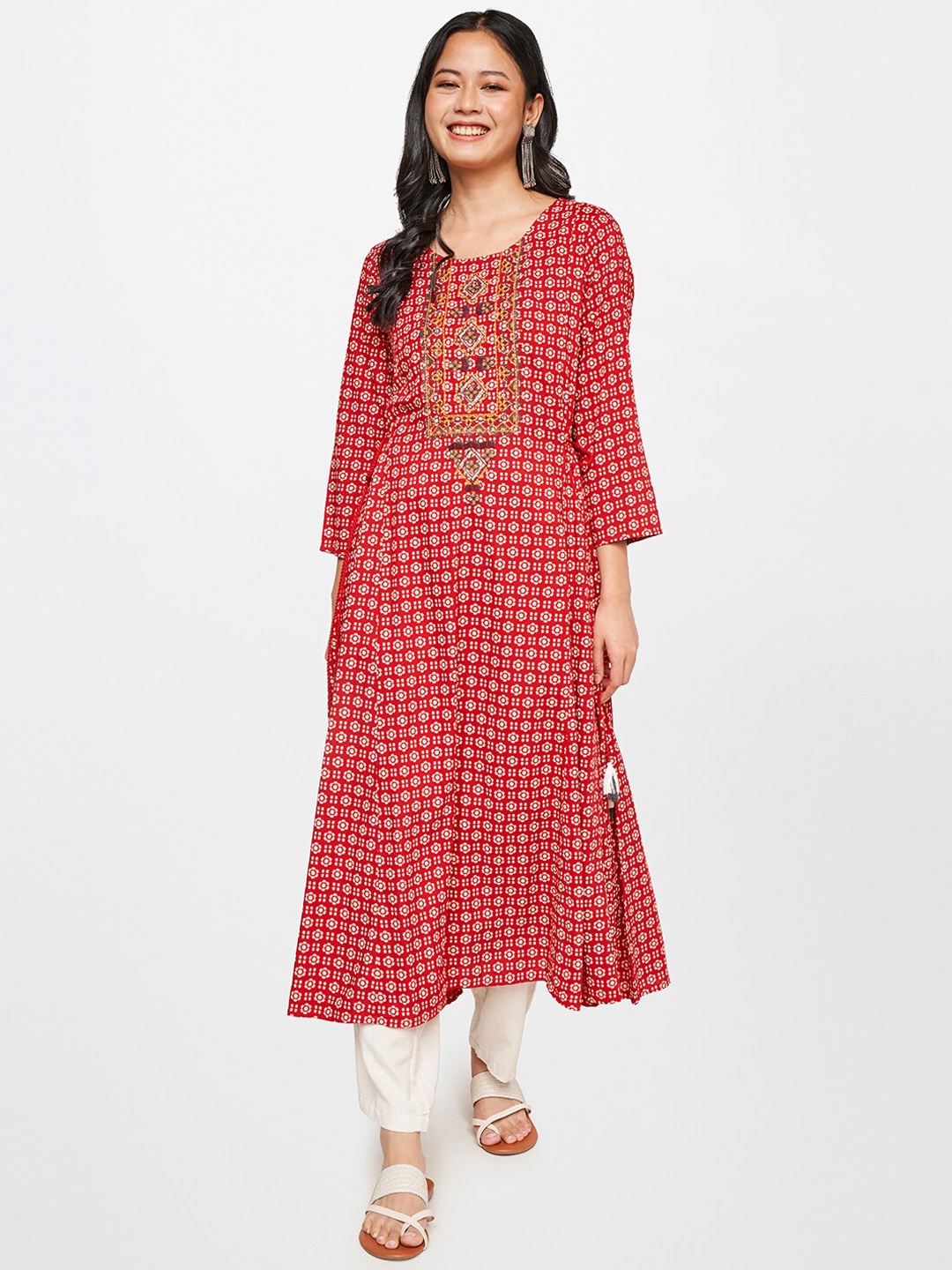 

Global Desi Women Red Ethnic Motifs Printed Thread Work A-Line Kurta