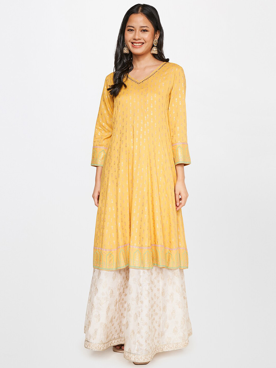 

Global Desi Women Mustard Yellow Floral Embellished Kurta