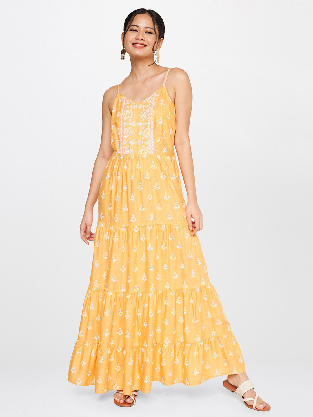 

Global Desi Women Yellow & Pink Floral Maxi Maxi Dress