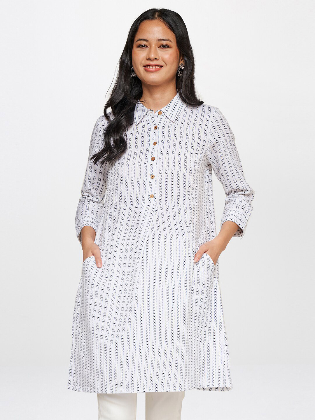 

Global Desi Women Off White & Blue Striped Shirt Dress