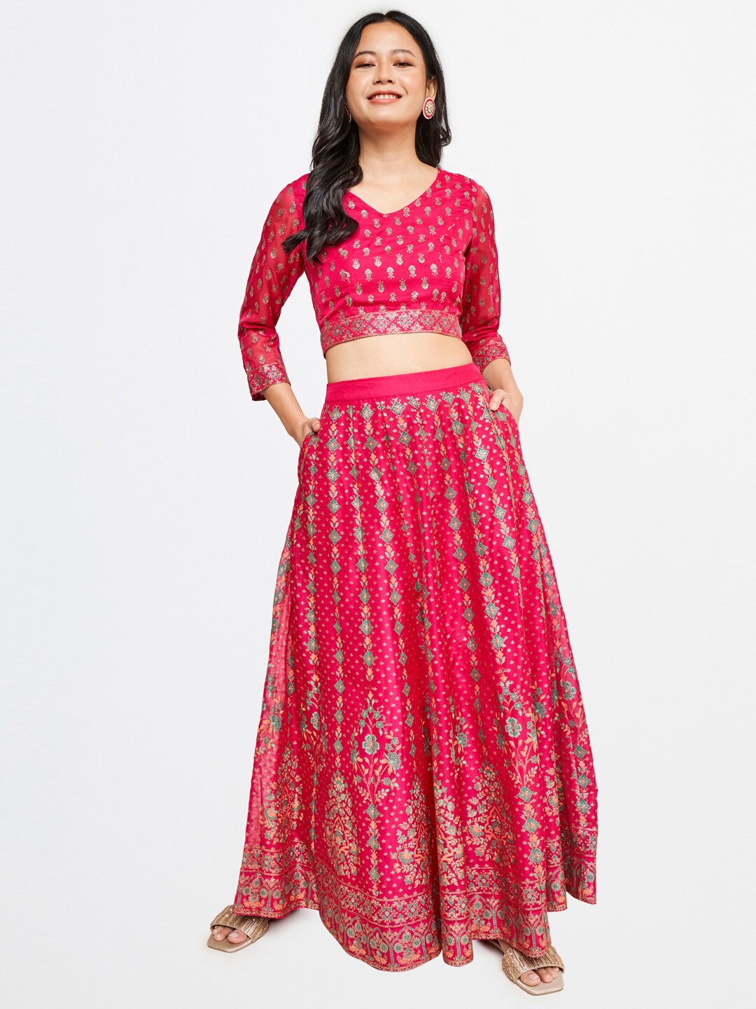 

Global Desi Fuchsia & Golden Printed Ready to Wear Lehenga & Choli