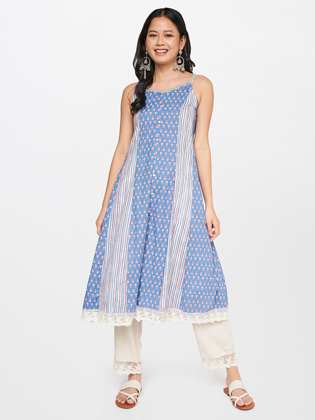 

Global Desi Women Blue Ethnic Motifs Printed Panelled Pure Cotton Kurta with Palazzos