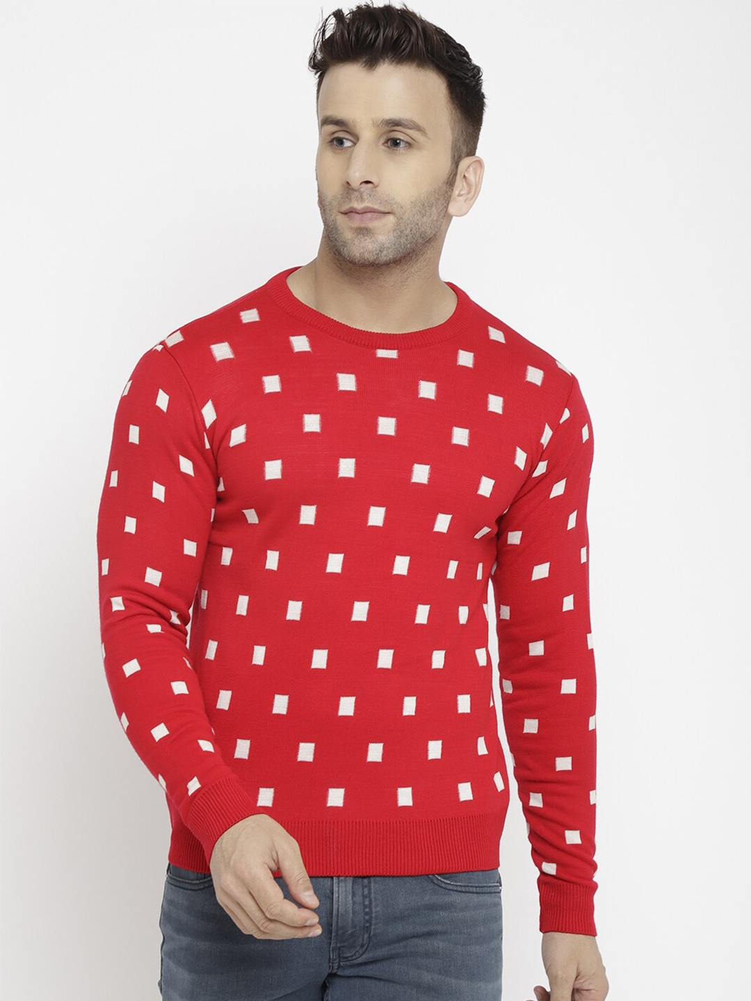 

CHKOKKO Men Red & White Printed Wool Pullover