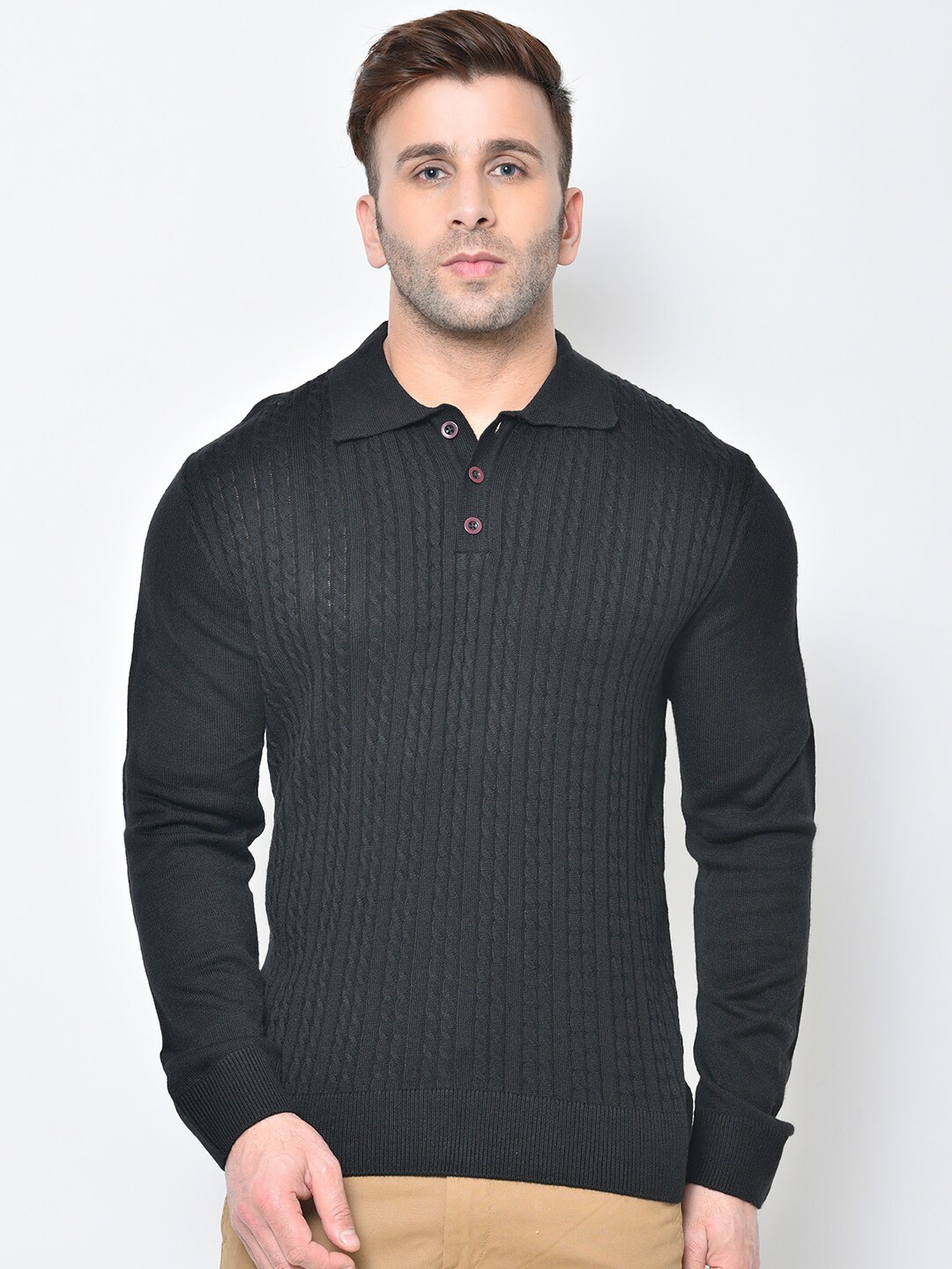 

CHKOKKO Men Black Cable Knit Wool Pullover