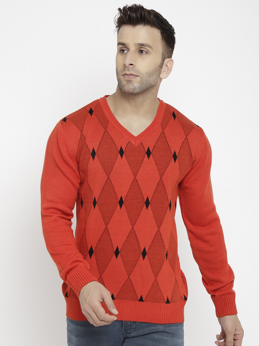 

CHKOKKO Men Orange & Black Checked Checked Pullover