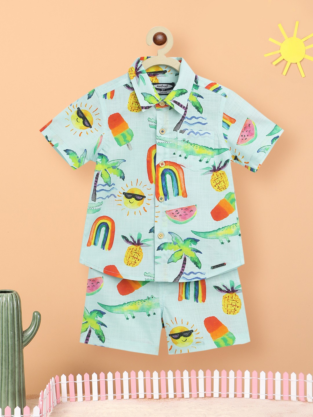

Nauti Nati Boys Turquoise Blue & Orange Printed Pure Cotton Shirt with Shorts