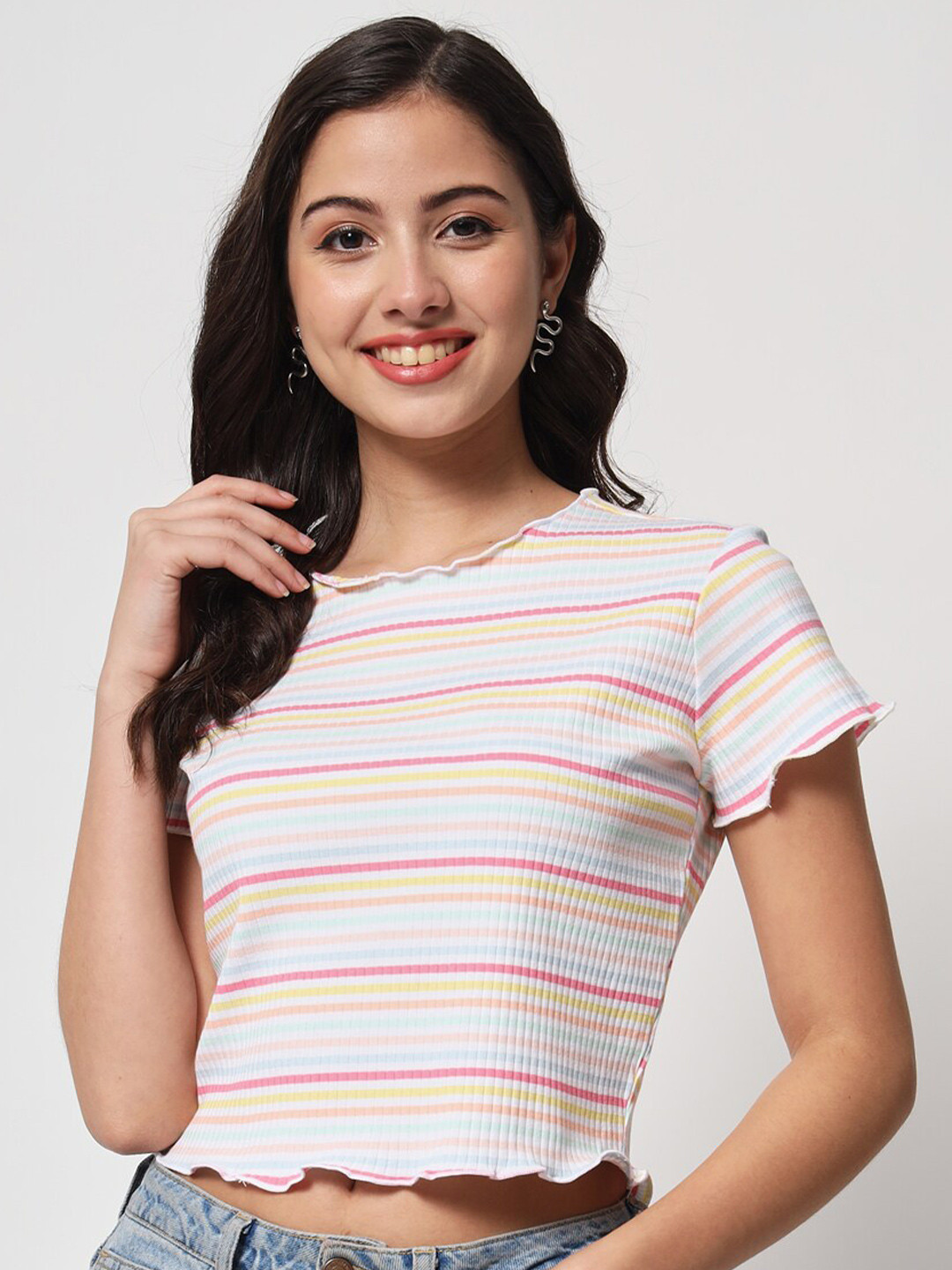 

CHARMGAL Women White & Yellow Striped Organic Cotton Crop Top