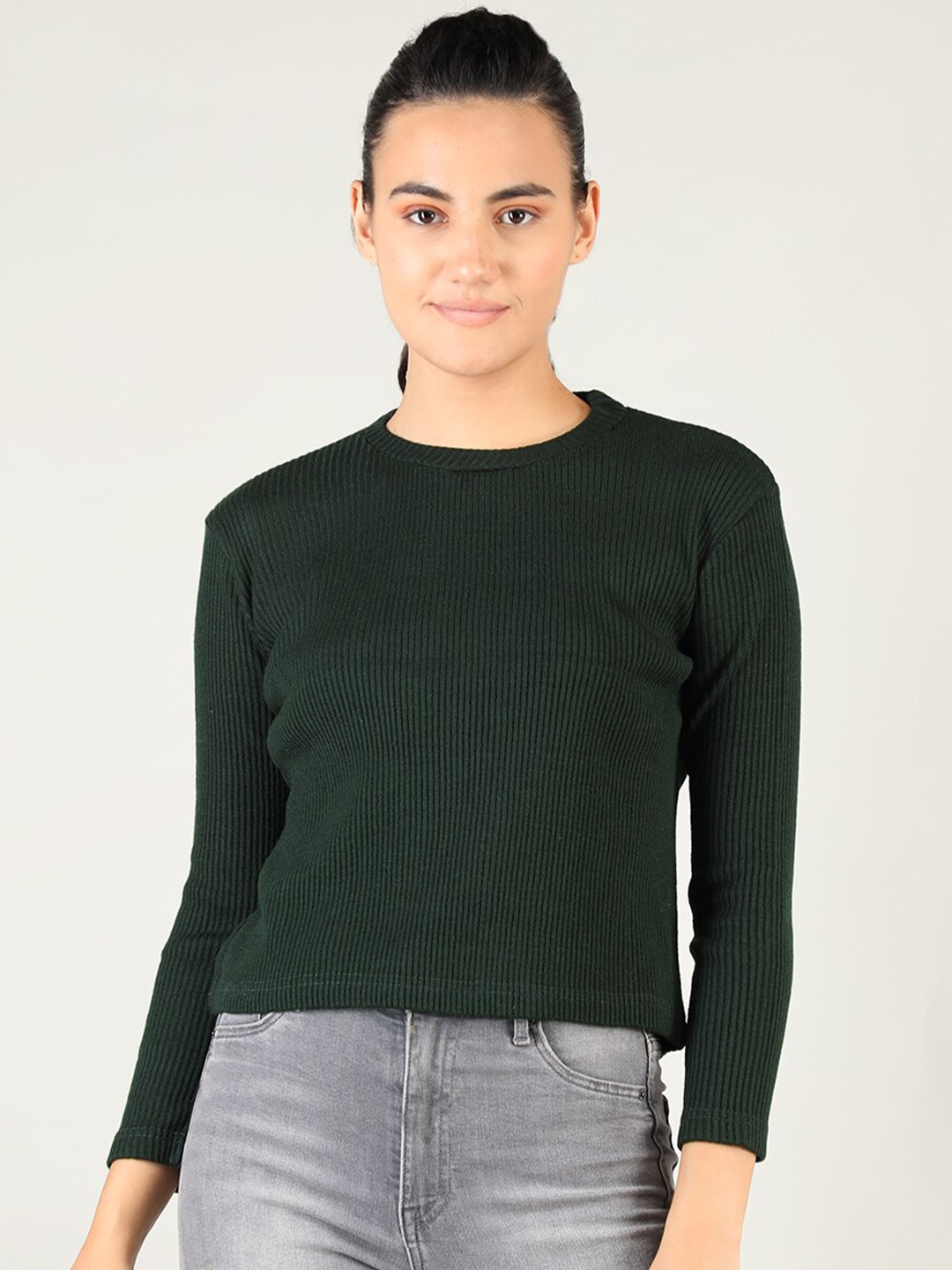 

CHKOKKO Women Green Striped Striped Crop Pullover