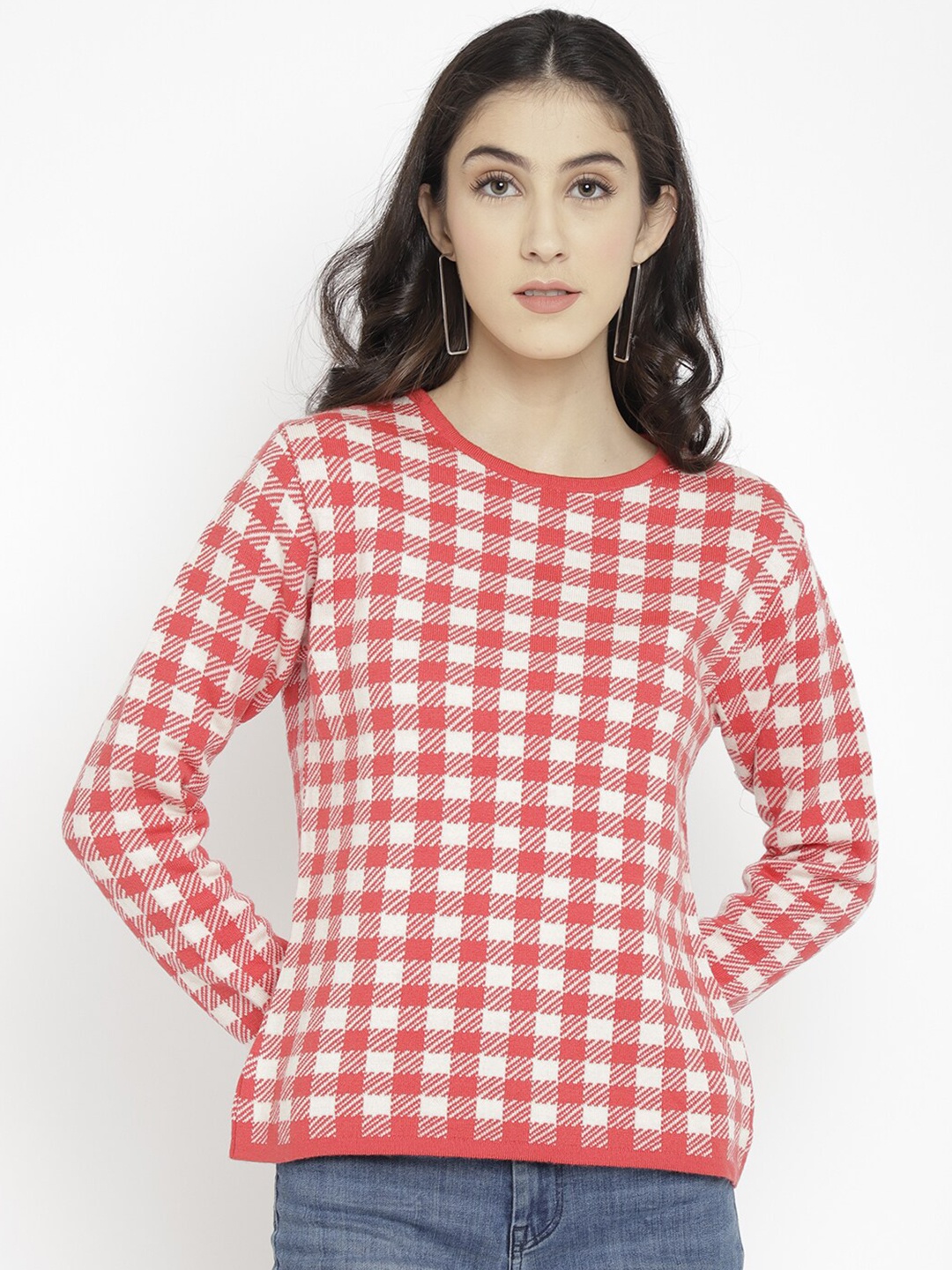 

CHKOKKO Women Red & White Checked Checked Pullover