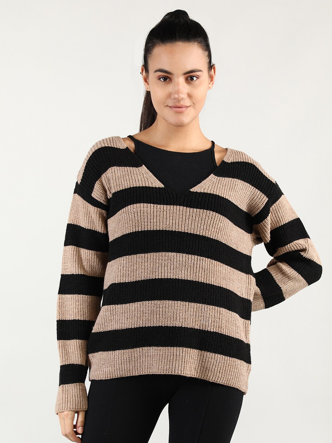 

CHKOKKO Women Beige & Black Striped Wool Pullover