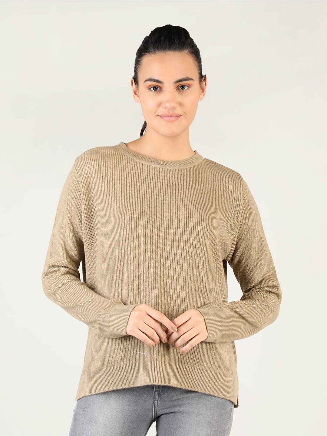 

CHKOKKO Women Camel Brown Ribbed Wool Pullover