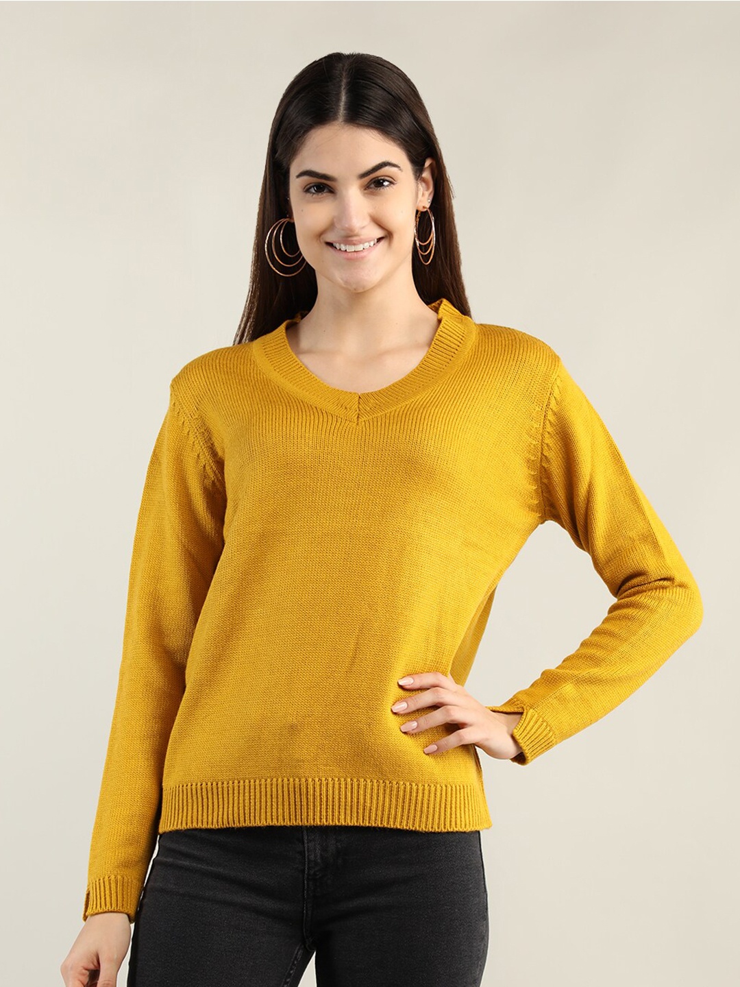 

CHKOKKO Women Mustard Yellow Wool Pullover