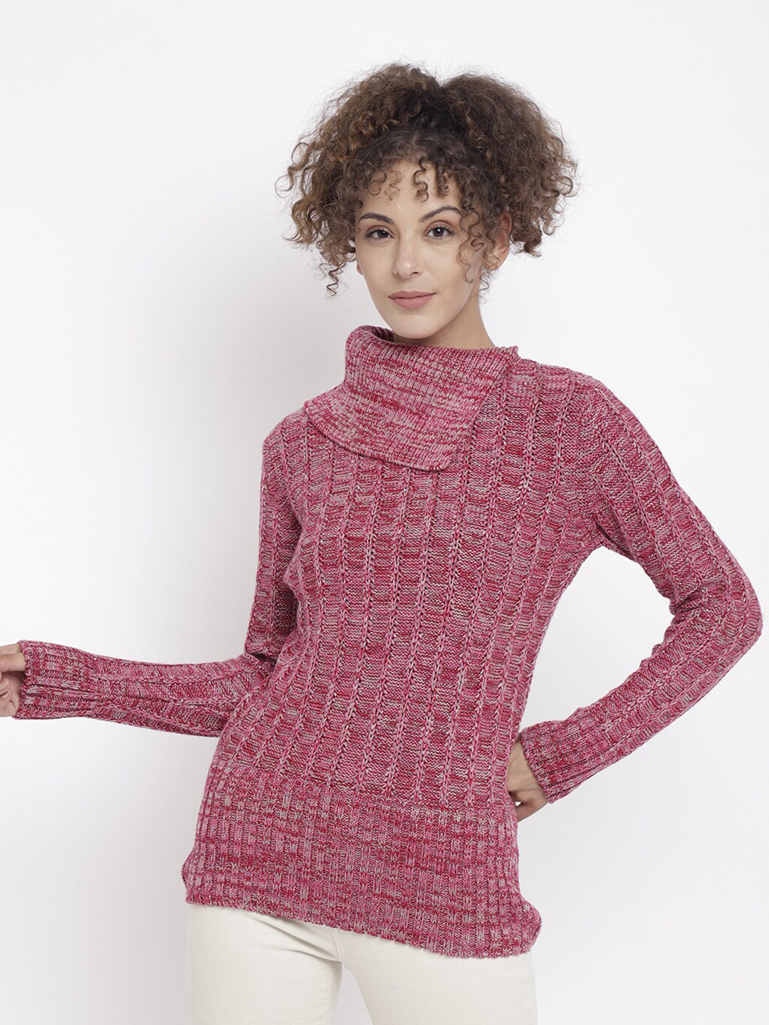 

CHKOKKO Women Pink Cable Knit Wool Pullover