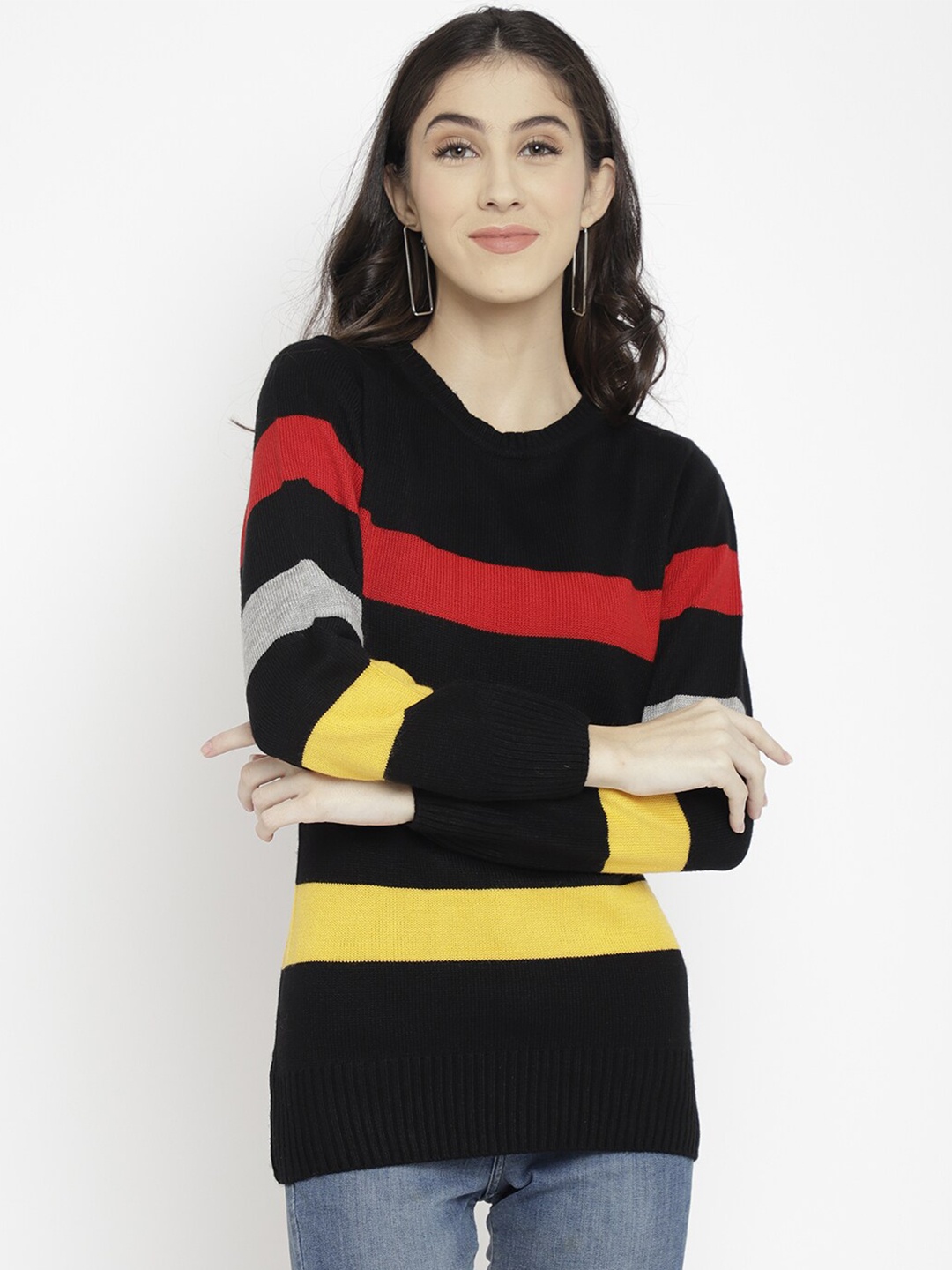 

CHKOKKO Women Black & Red Striped Wool Pullover
