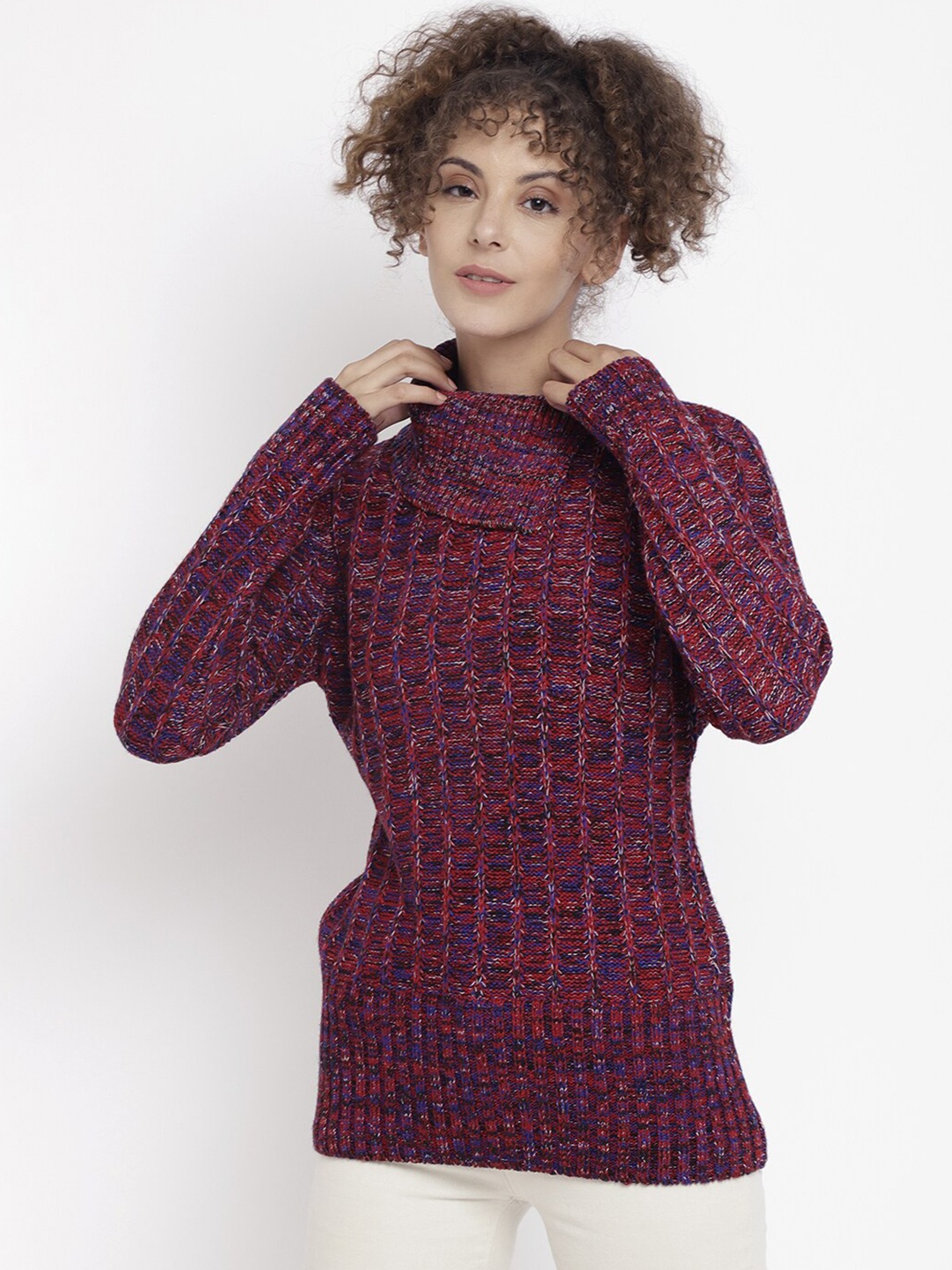 

CHKOKKO Women Pink & Purple Cable Knit Pullover