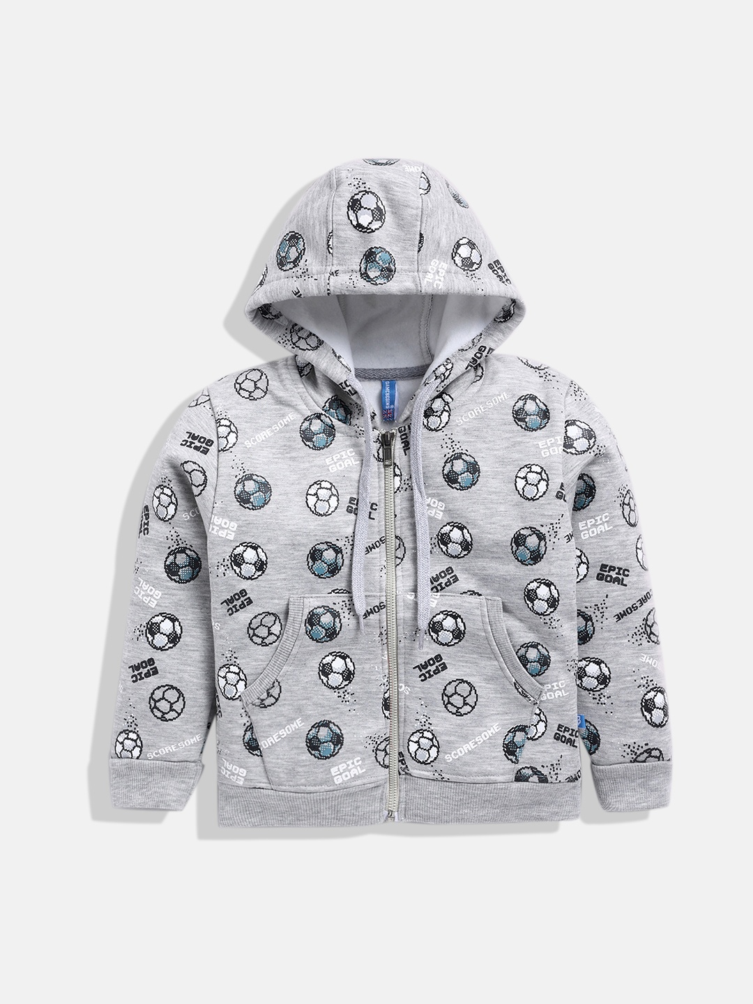 

GAME BEGINS Boys Premium Cotton Conversational Printed Hooded Sweatshirt, Grey melange