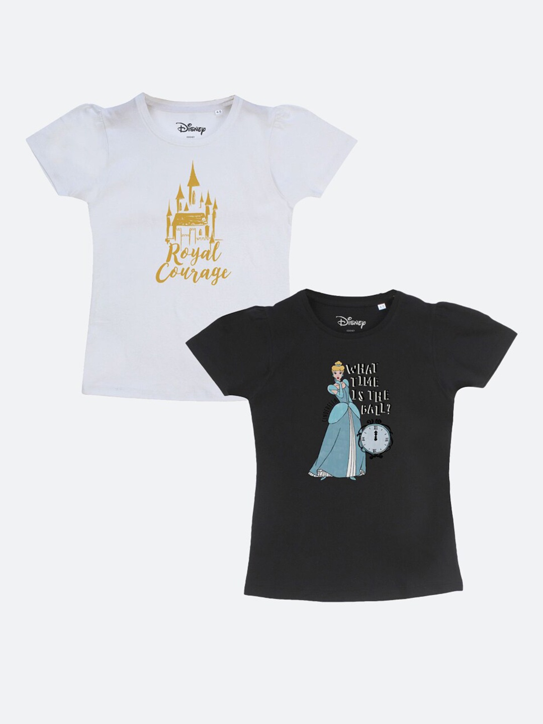 

YK Disney Girls White & Black Pack of 2 Typography Printed Pure Cotton T-shirt