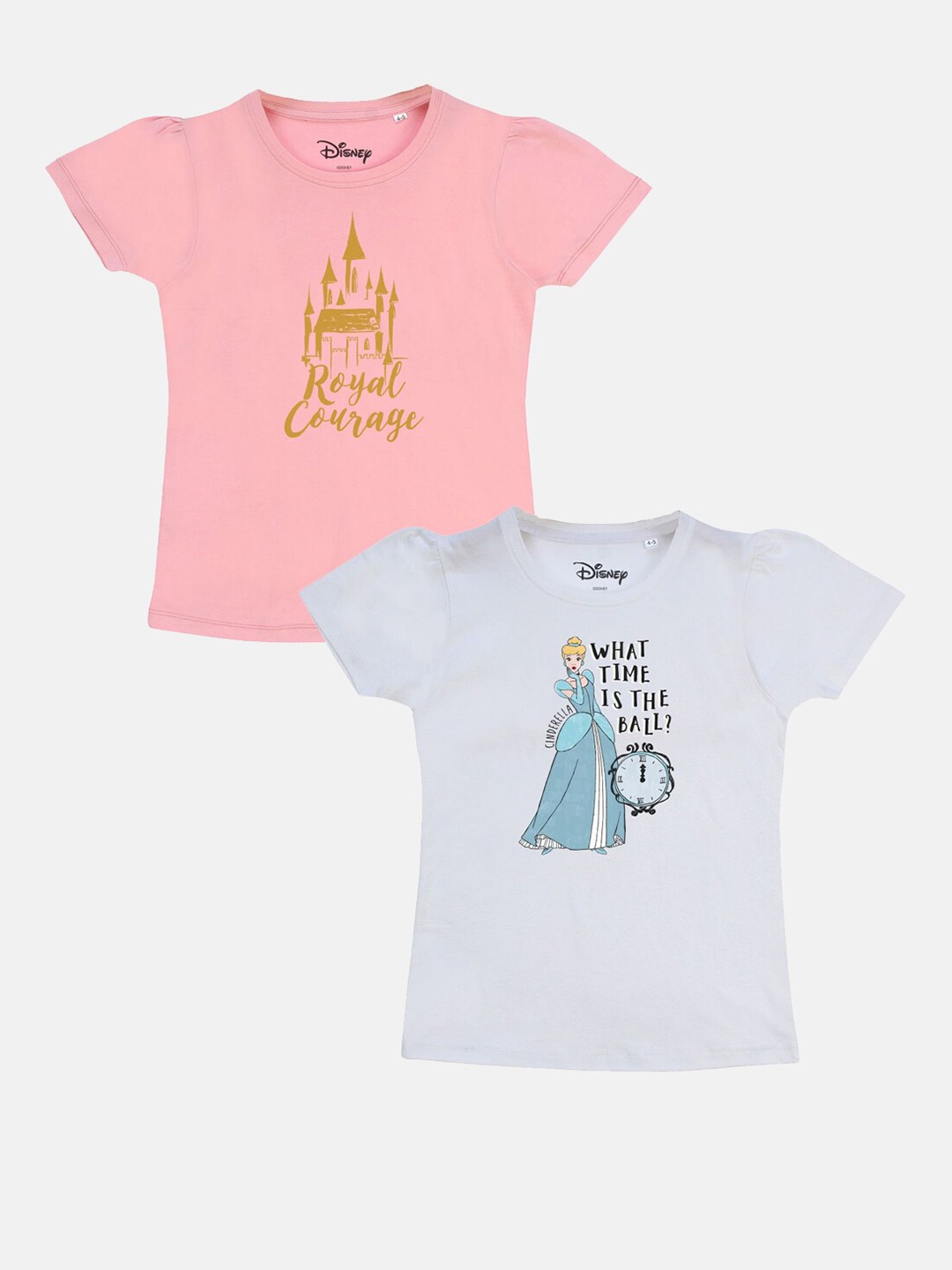 

YK Disney Girls Pink & White Pack Of 2 Printed Pure Cotton T-shirt