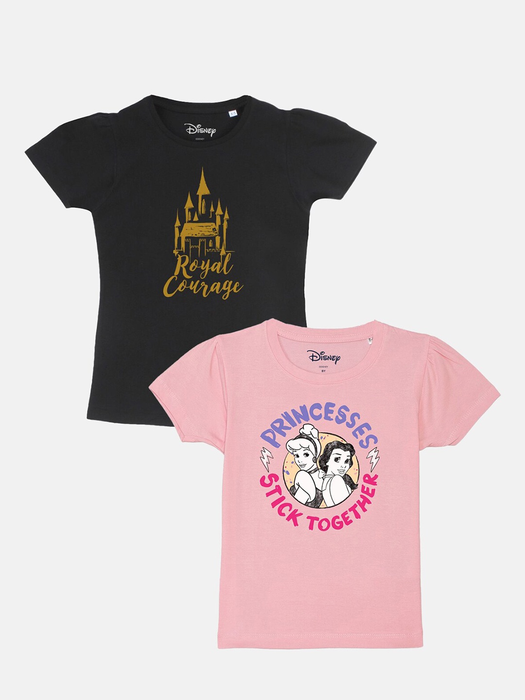 

YK Disney Girls Black & Pink Pack Of 2 Printed Pure Cotton T-shirts