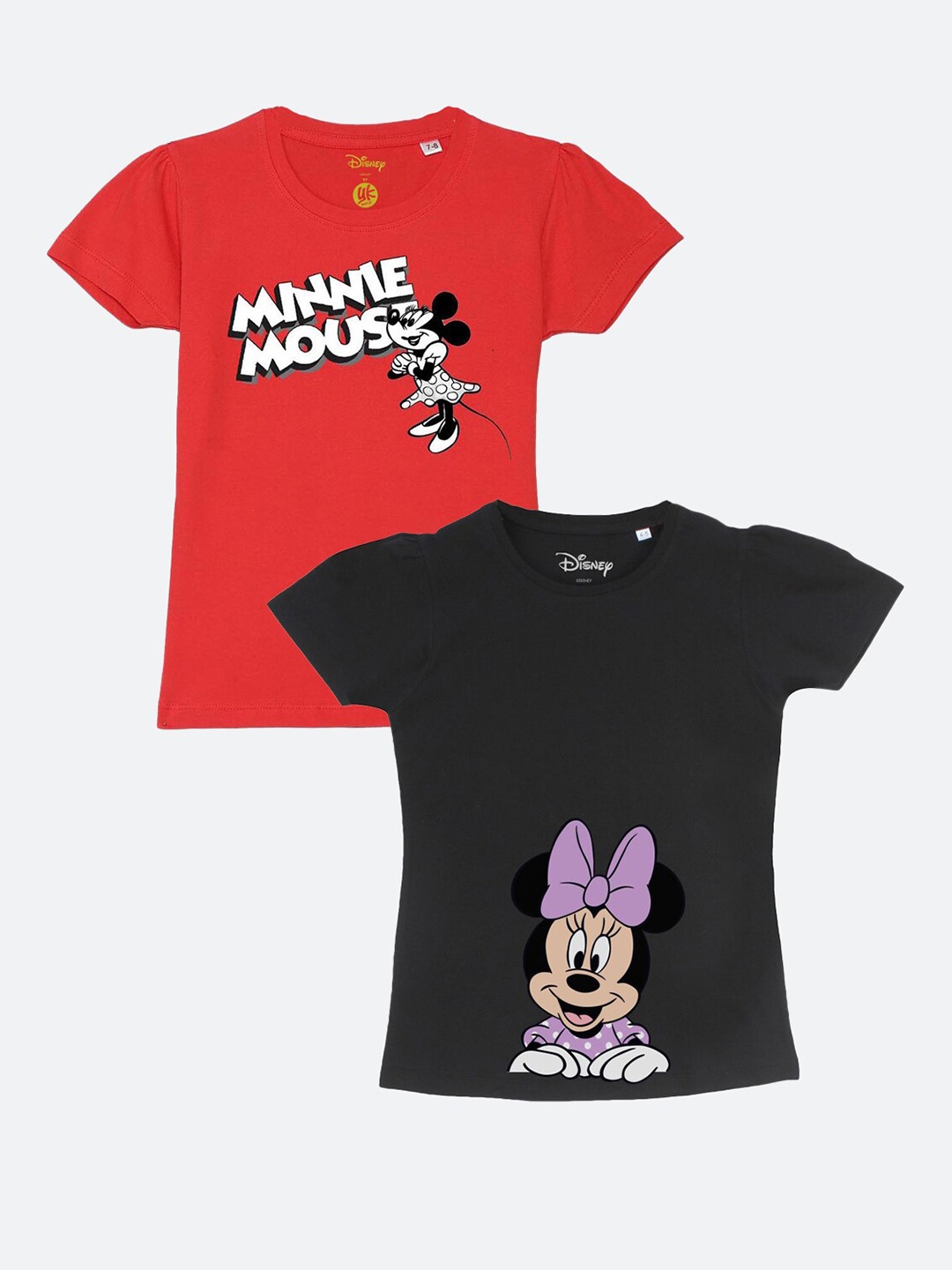 

YK Disney Girls Pack Of 2 Red & Black Printed Puff Sleeves Pure Cotton T-shirt