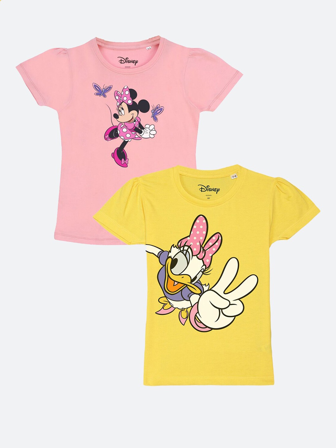 

YK Disney Girls Pack Of 2 Pink & Yellow Printed Puff Sleeves Pure Cotton T-shirt