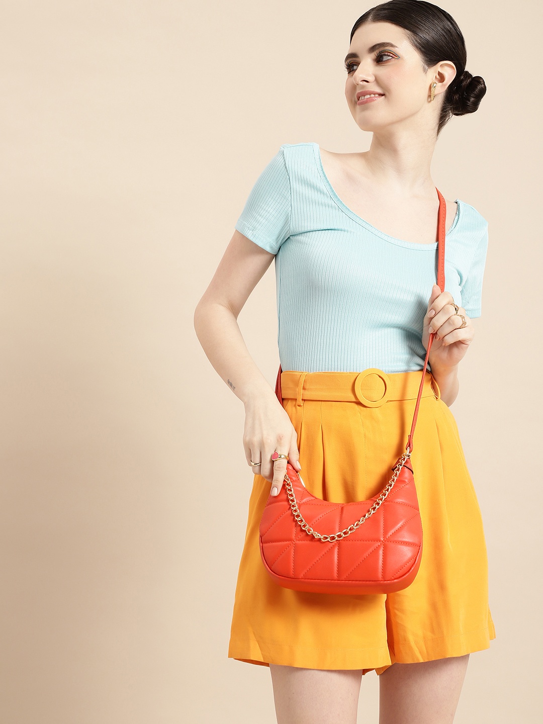 

DressBerry Solid PU Structured Hobo Bag With Quilted Detail, Orange