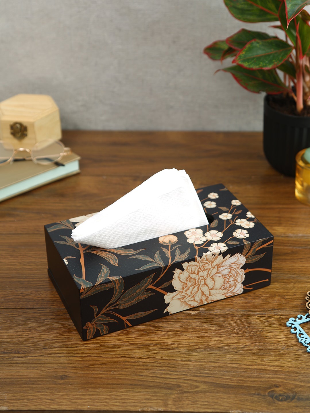 

Reinvention Factory Black Flower Wooden Tissue Paper Box