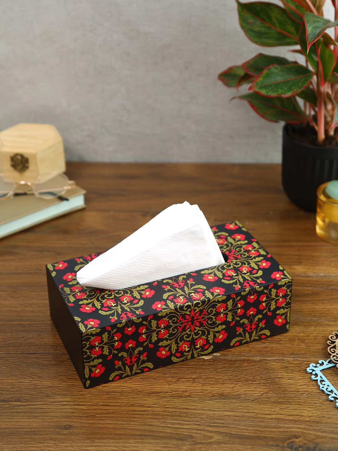 

Reinvention Factory Floral Ornament Wooden Tissue Paper Box, Black