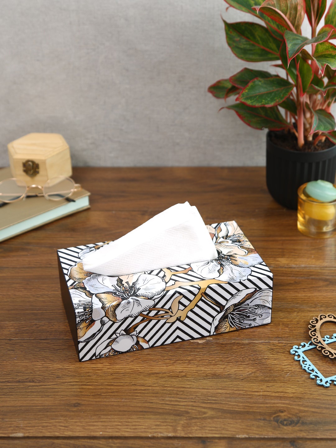 

Reinvention Factory Geometric Floral Wooden Tissue Box Holder, White