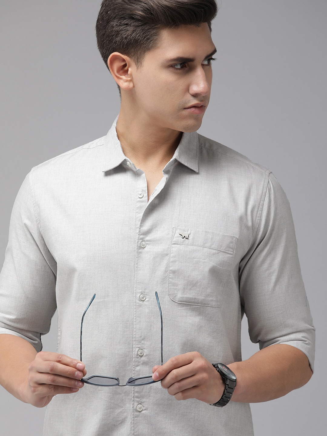 

THE BEAR HOUSE Men Grey Solid Cotton Slim Fit Casual Shirt