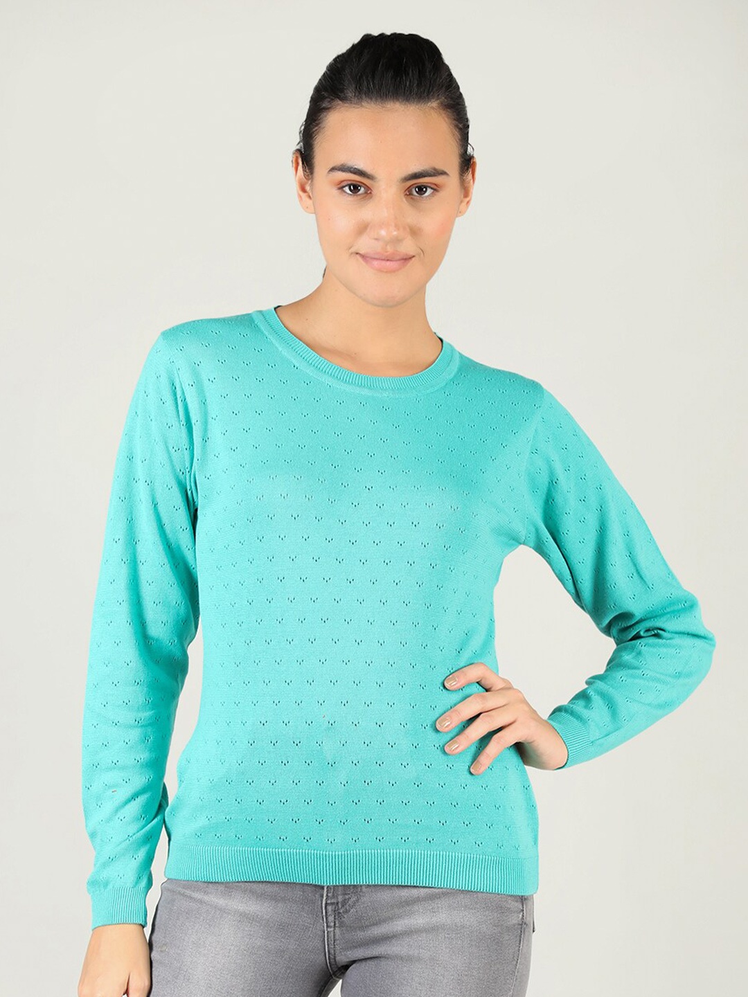 

CHKOKKO Women Sea Green Open Knit Pullover