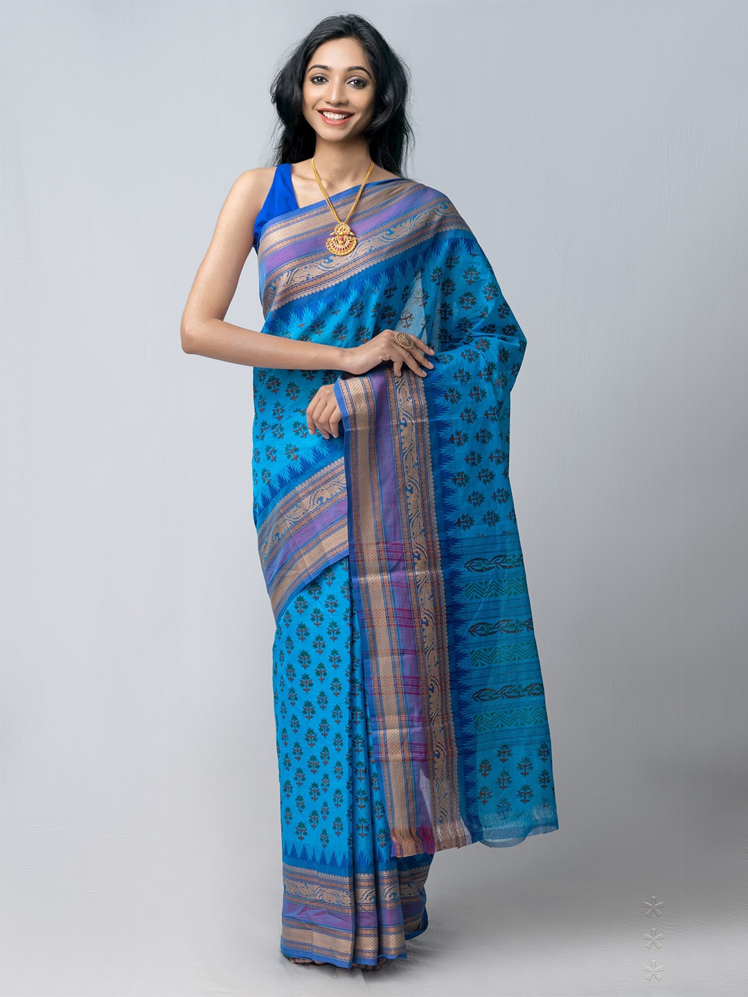 

Unnati Silks Blue & Purple Ethnic Motifs Printed Kanjeevaram Saree